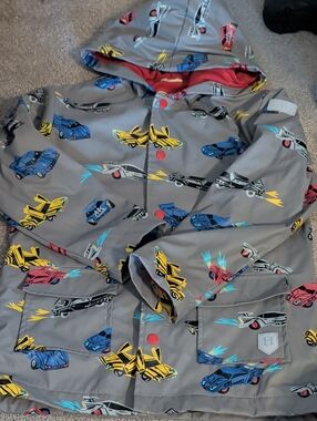 Hatley Grey Raincoat with Blue and Yellow Racecar Graphics 8